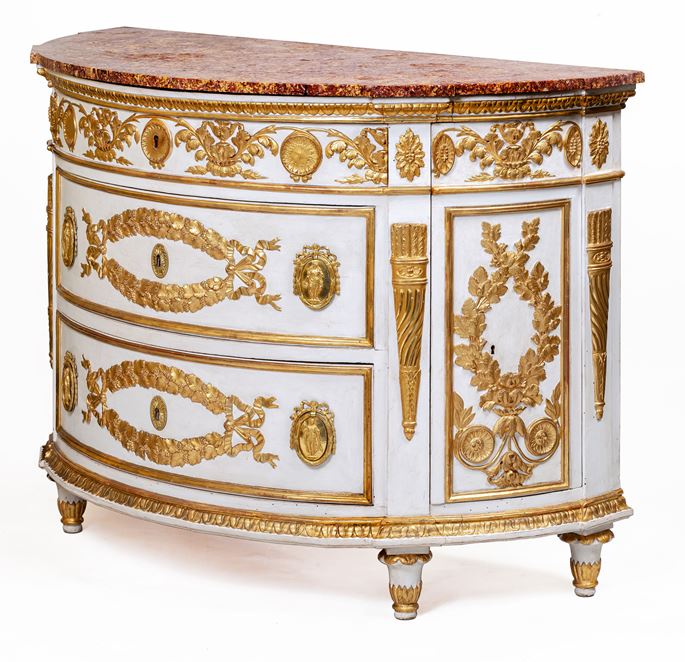 Carlo Randoni - An important North-Italian Royal Restoration white-lacquered and parcel-gilt bow-fronted chest of drawers | MasterArt